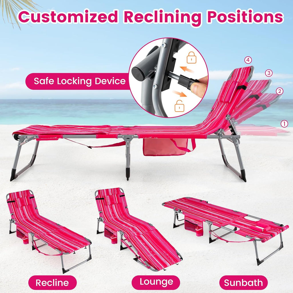 COSTWAY Tanning Chair with Face Hole, Folding Sun Bathing Lounge Chair with Armrest, Side Pocket & Protective Flap, Face Down Layout Chair for Beach, Patio, Pool, Outside (1, Pink+White)