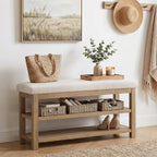 Zihanhome 2 Tier Shoe Rack Bench with Cushion, Solid Wood Shoe Benches, Mid-Century Modern Shoe Storage Bench for Entryway, Hallway, Living Room, Closet, Front Door Entrance, (Beige, 39.4")