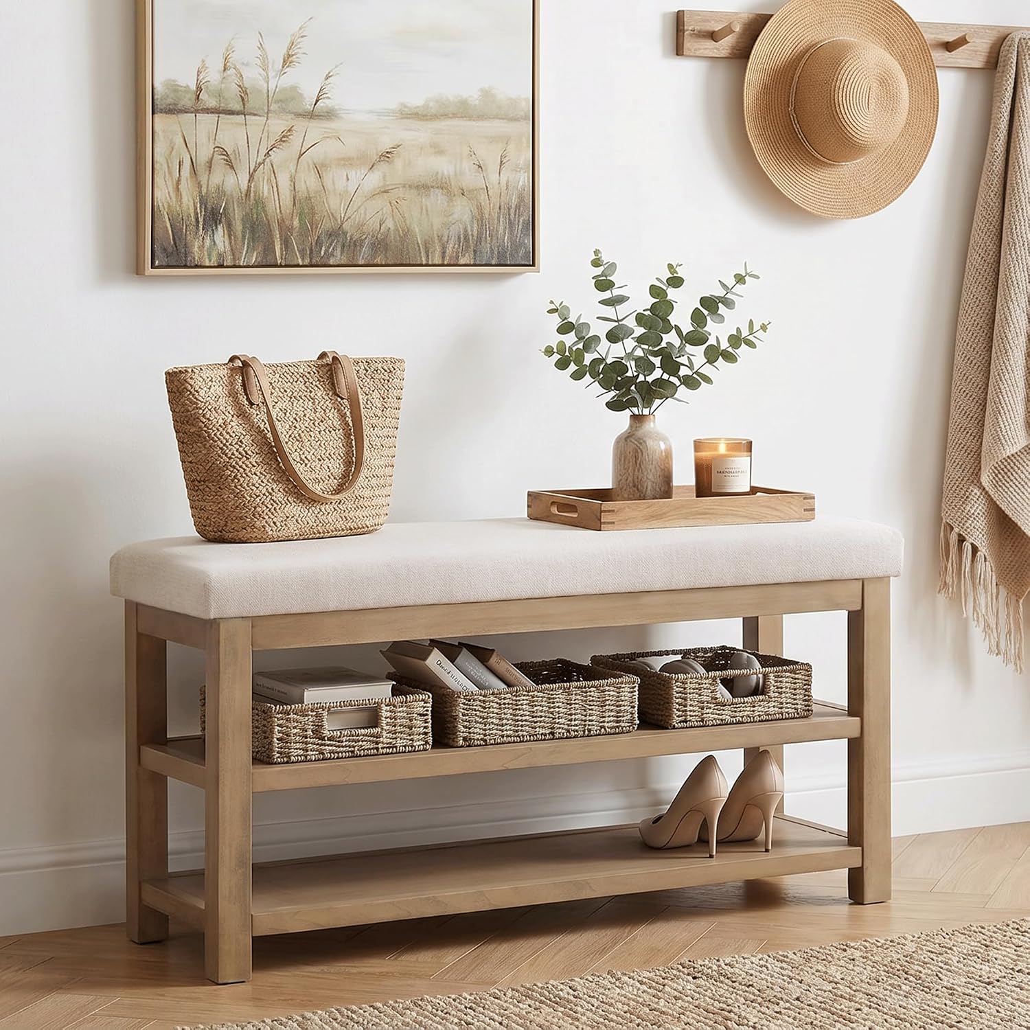 Zihanhome 2 Tier Shoe Rack Bench with Cushion, Solid Wood Shoe Benches, Mid-Century Modern Shoe Storage Bench for Entryway, Hallway, Living Room, Closet, Front Door Entrance, (Beige, 39.4")