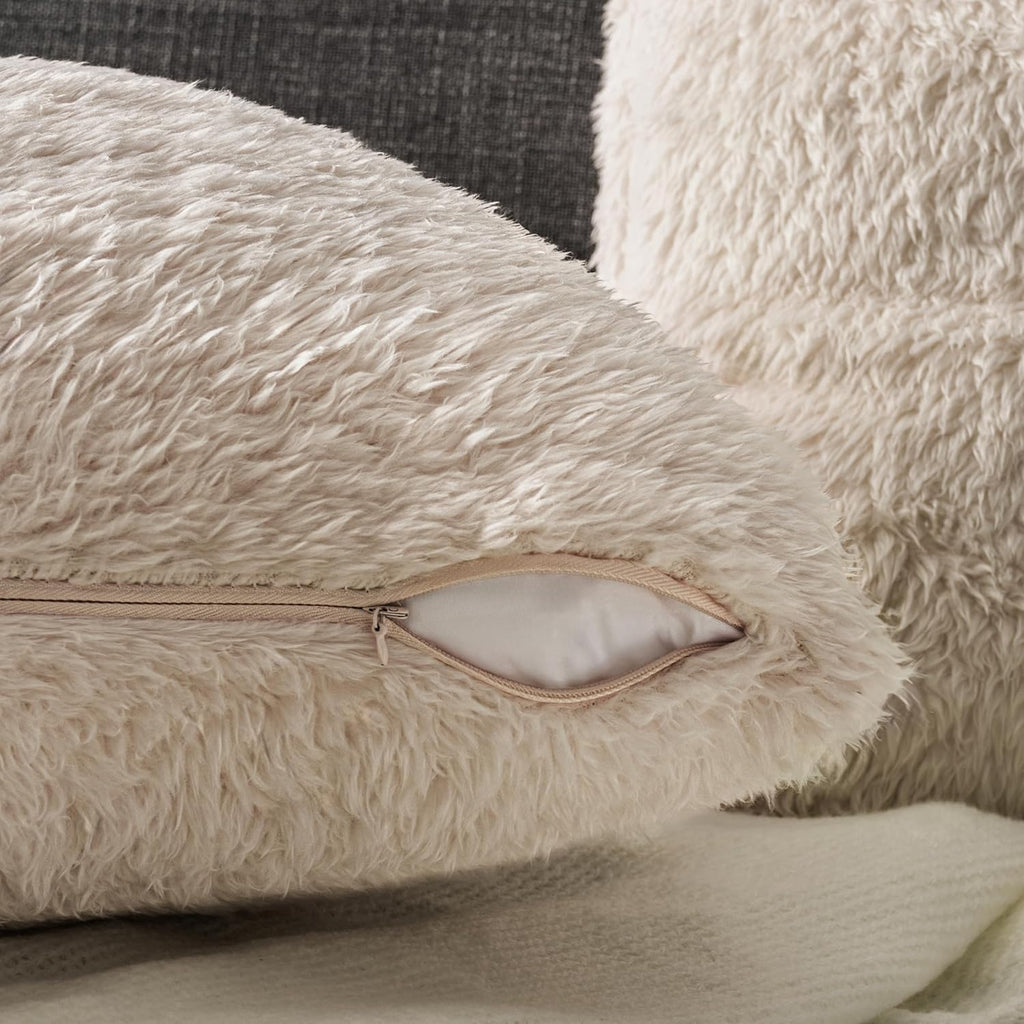 PAVILIA Fluffy Cream Ivory Throw Pillow Covers, Decorative Accent Pillow Cases for Bed Sofa Couch, Soft Faux Fur Cushion Cover, Square Sherpa Pillowcases, Home Room Decor, Beige, 18x18 Set of 2