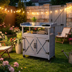 Backyard Storage Cabinet Wooden Outdoor Patio Storage Cabinet Rolling Potting Bench with Wheels Country Garden Potting Table Workstation