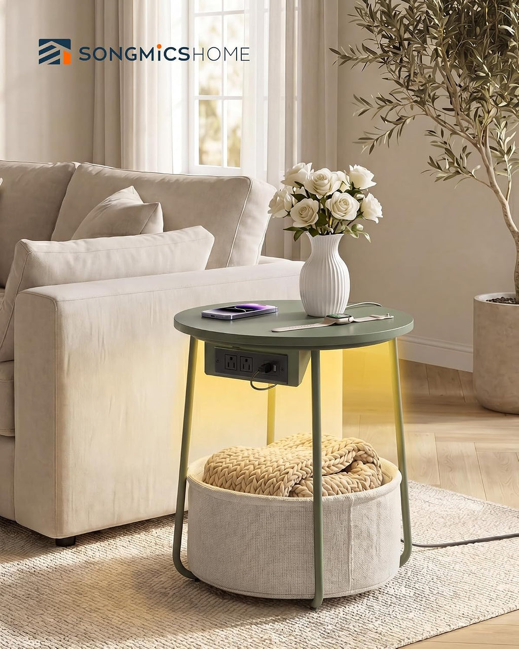 SONGMIC HOME LED Round Side End Table, Nightstand with Charging Station and Lights, Fabric Basket, for Living Room, Green and Brown