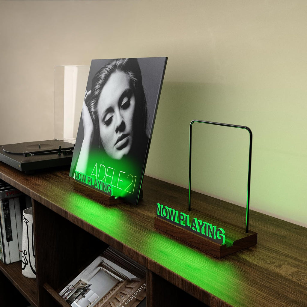 KORRTFID Now Playing Vinyl Record Stand, Light Up Vinyl Record Display Stand with 7- Color Changing Lights, Multi Color Light with Fingerprint-Proof Acrylic Letters (Black letters)