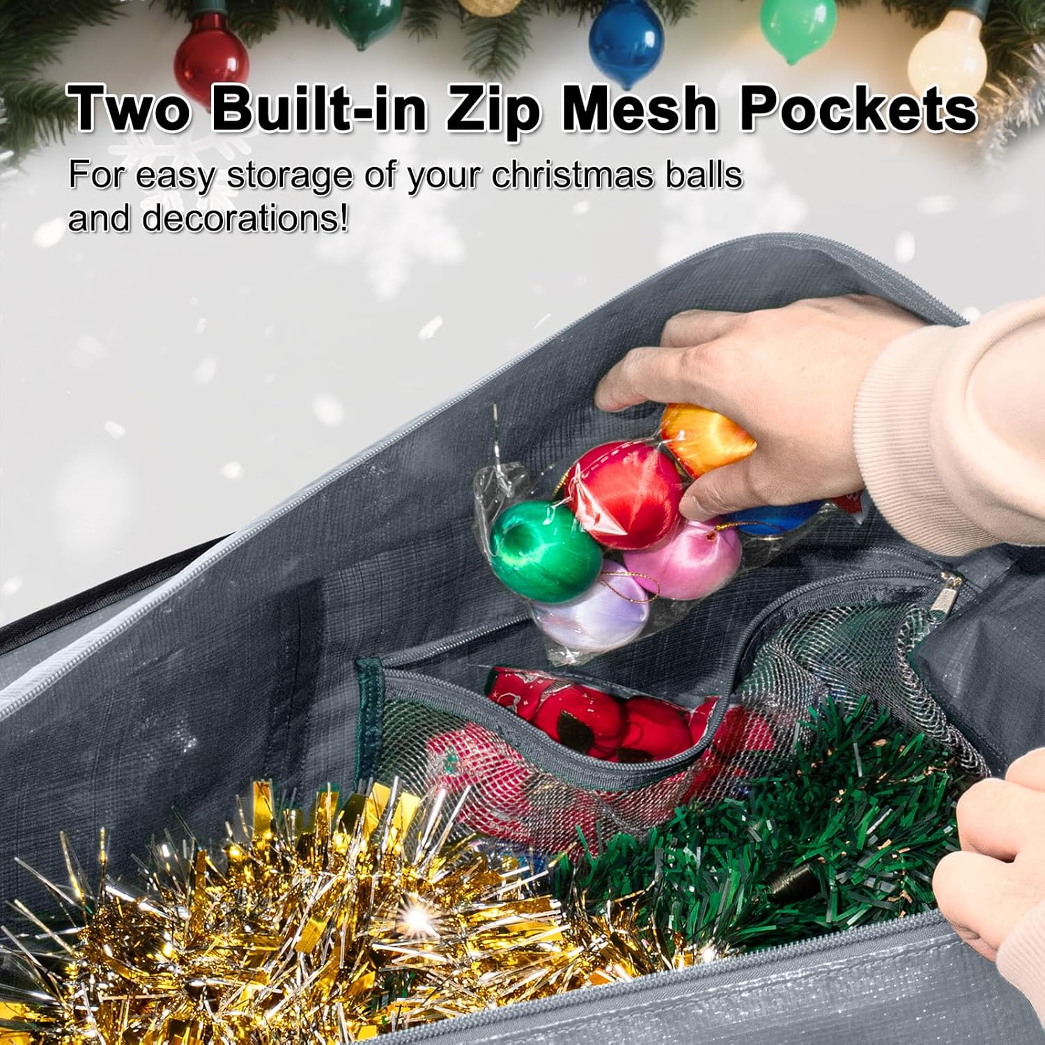 Christmas Tree Storage Bag 9ft for Xmas Trees - Grey | Heavy Duty, Artificial Xmas Bag, Reinforced Handles, Dual Zippers Wide Opening, Two Mesh Pockets, Thick PE , Moving Bags
