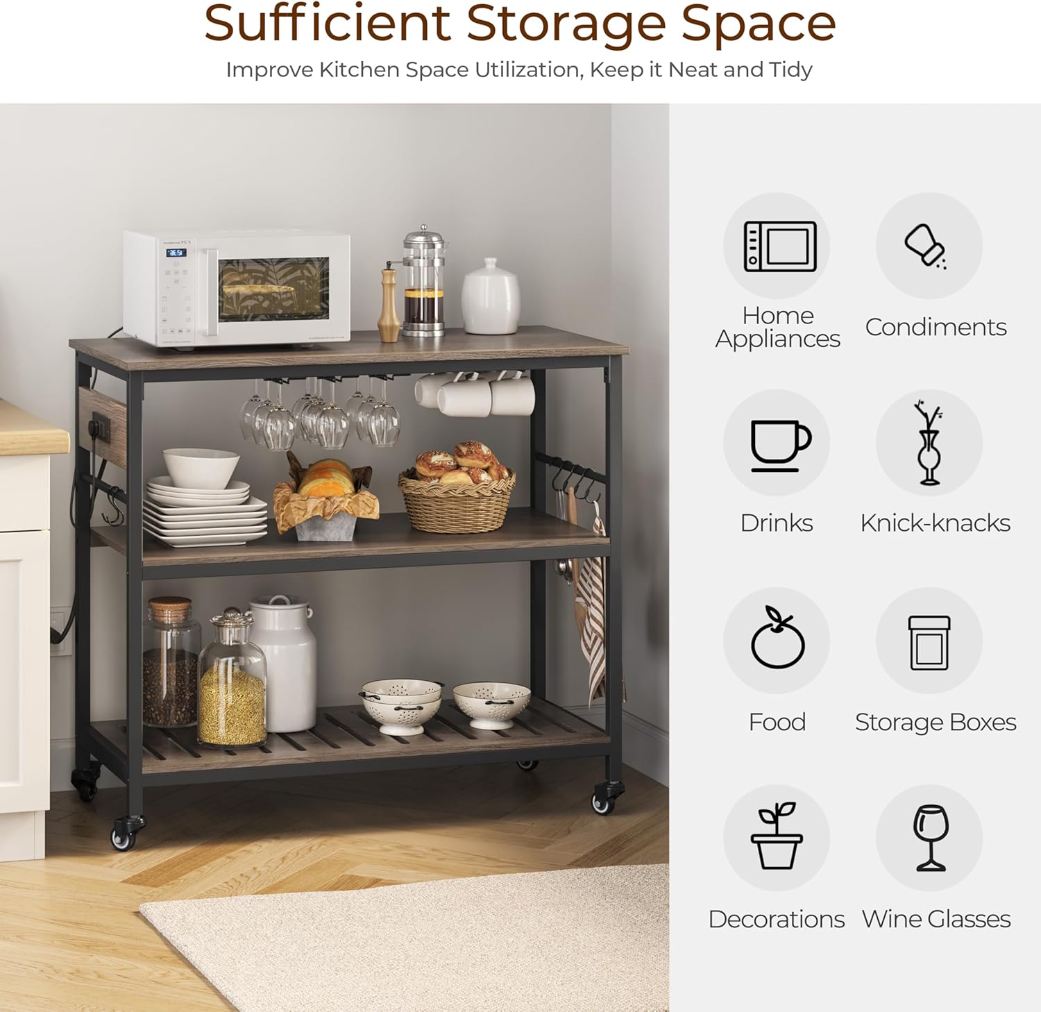 Yaheetech Kitchen Island Cart with Power Outlet, Kitchen Carts on Wheels with Storage, 3-Tier Microwave Stand with Foodpads, Glass and Mug Holders, 8 Hooks, Taupe Wood