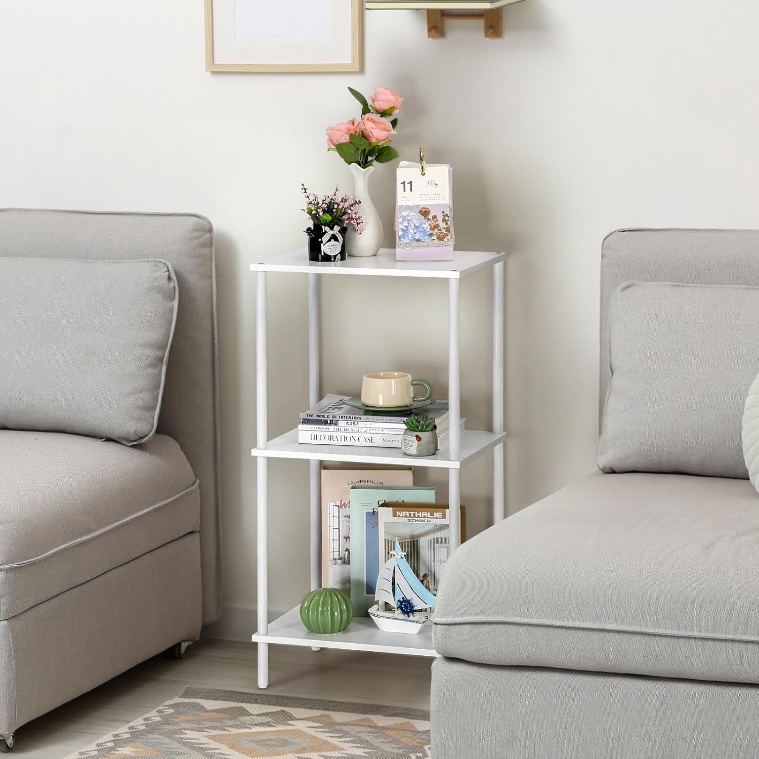 ETELI Tall End Table 3 Tier Small Tall Side Table Stand with Storage Shelves 31.6 Inch Nightstand Bedside Telephone Table for Small Space Living Room Bedroom Bathroom Kitchen, White