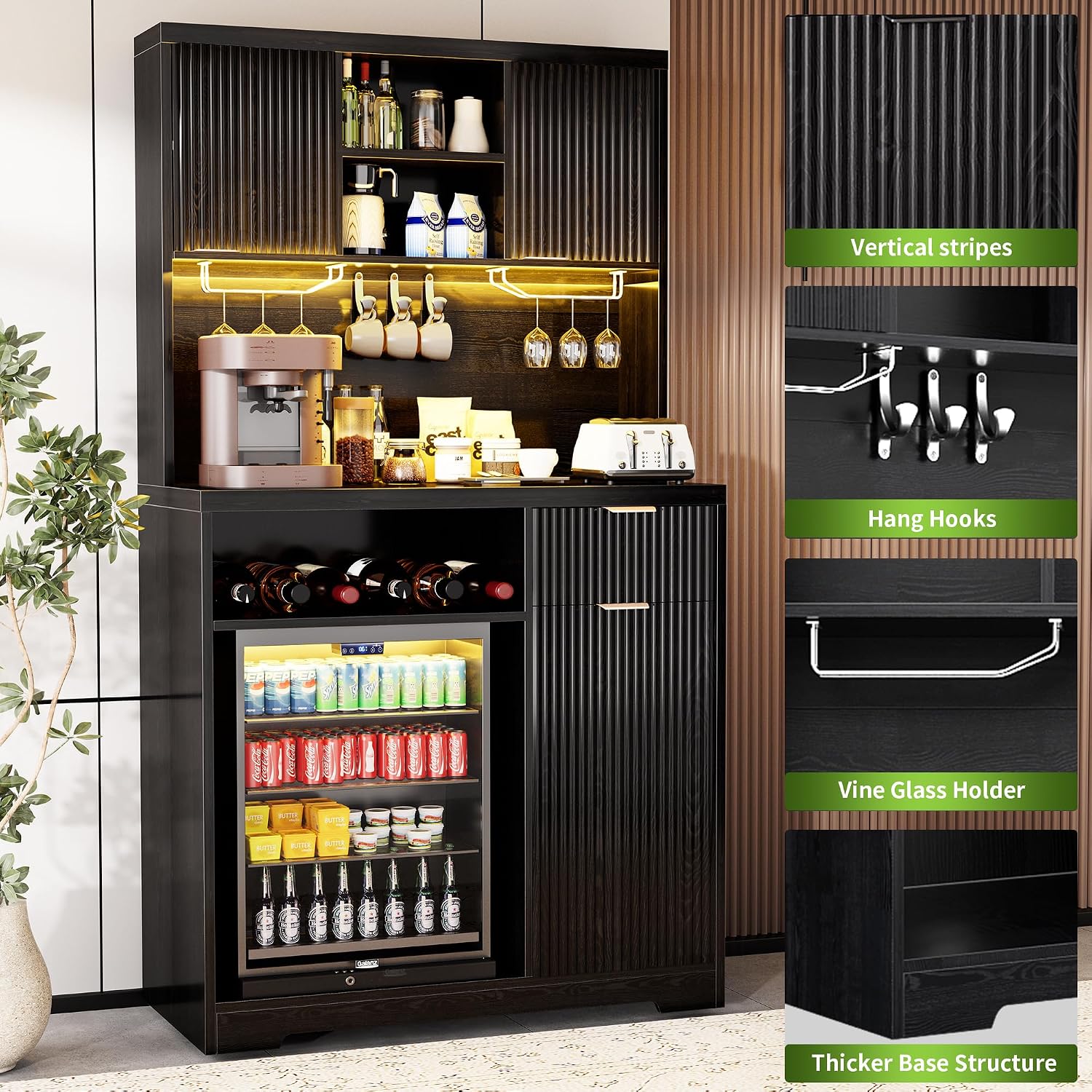 Saudism Coffee Bar Cabinet with Mini Fridge, 72" Tall Wood Mini Fridge Cabinet with Storage, RGB Light, Cup Holder, for Home Kitchen Dining Room, Black