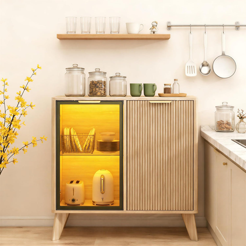 Fluted Buffet Cabinet with Storage, Small Coffee bar Cabinet with Adjustable Shelf for Kitchen, Wood Buffet Cabinet Sideborad with Glass Door, Buffet Storage Cabinets for Living Room