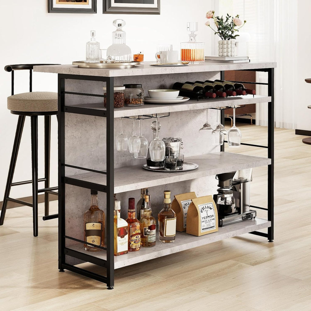 TANGZON 2 in 1 Kitchen Island, Industrial 4-Tier Bar Table with Storage Shelves, Wine Rack, Glass Holders & Footrests, Metal Frame Counter Home Bar Unit Wine Cabinet (Grey)