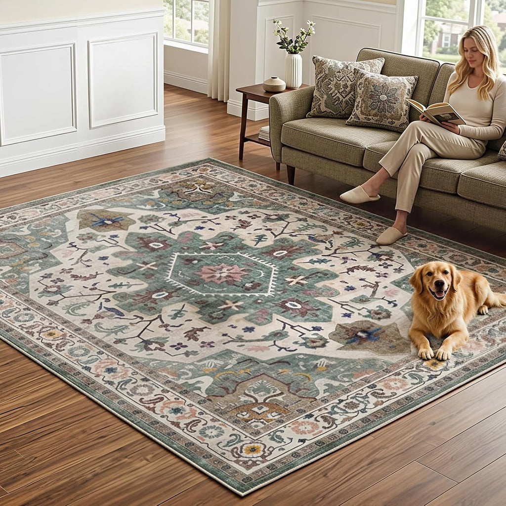HOOBRO Small Round Side Table, 5 x 7 ft Area Rugs Washable, 28.7" H Tall Coffee Drink Table,Living Room Rugs for Bedroom, Small Circle End Table, Non-Slip Carpets, BF167BZ01-GN03AR01