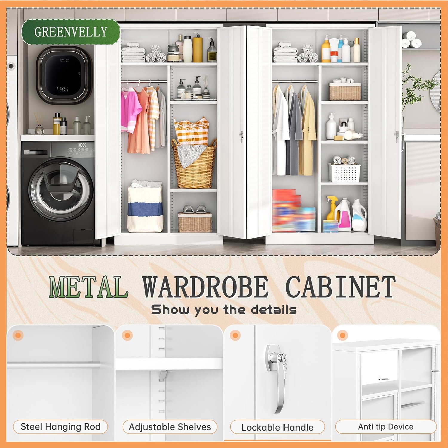 Greenvelly Metal Wardrobe Cabinet with Locking Doors, 72"H White Metal Wardrobe Closet with Hanging Rods and Adjustable Shelves, Clothing Storage Closet for Home, Office, Employee, Gym (16" D x 32" W)