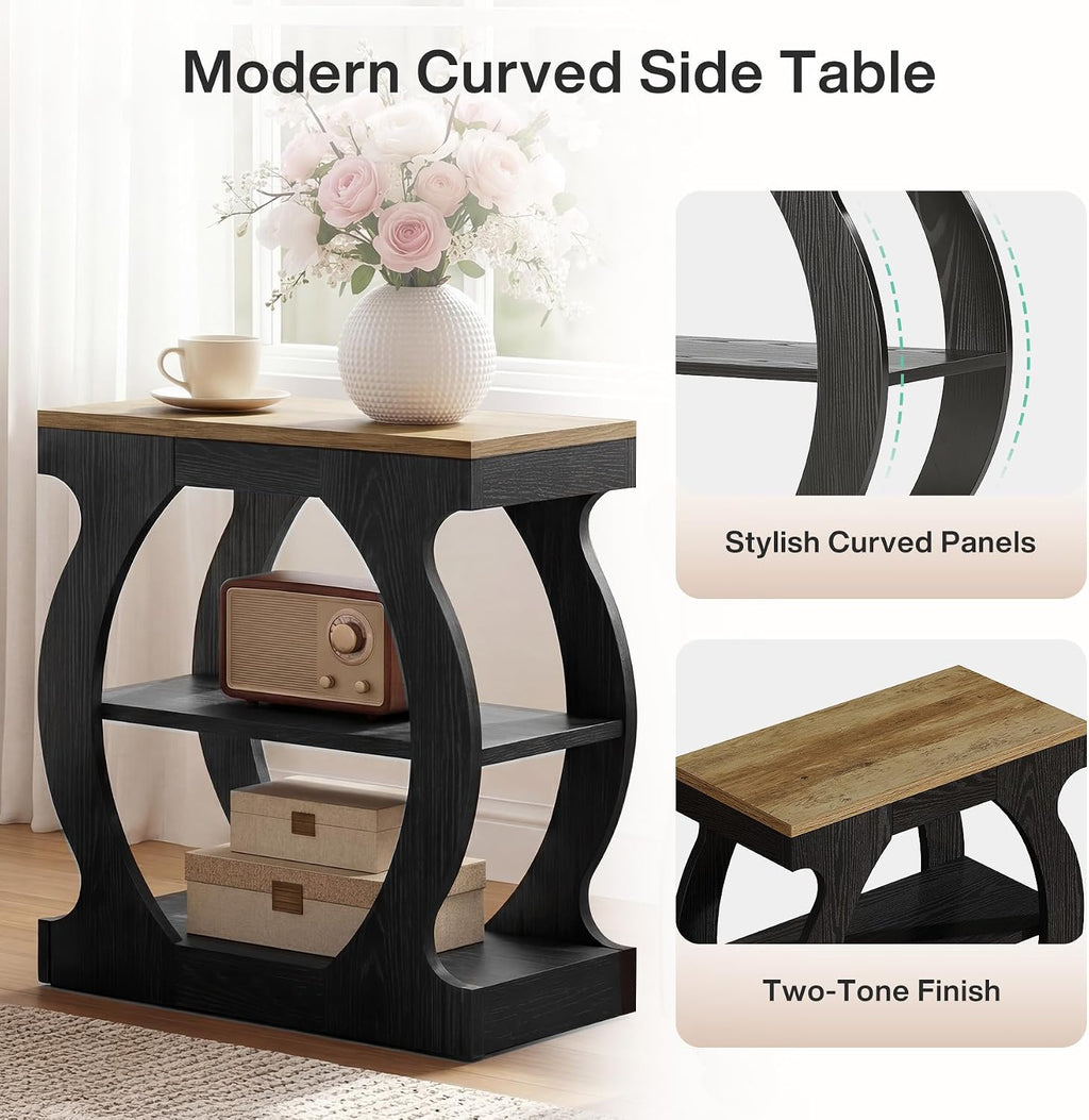 Tribesigns End Table with 3-Tier Storage, Narrow Side Table with Curved Frame, Wooden Nightstand for Living Room, Small Spaces, Bedroom, Rustic Brown & Black