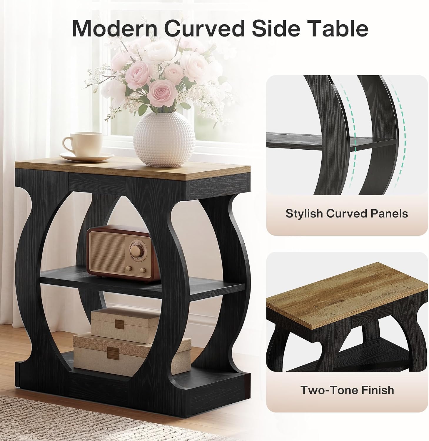 Tribesigns End Table with 3-Tier Storage, Narrow Side Table with Curved Frame, Wooden Nightstand for Living Room, Small Spaces, Bedroom, Rustic Brown & Black