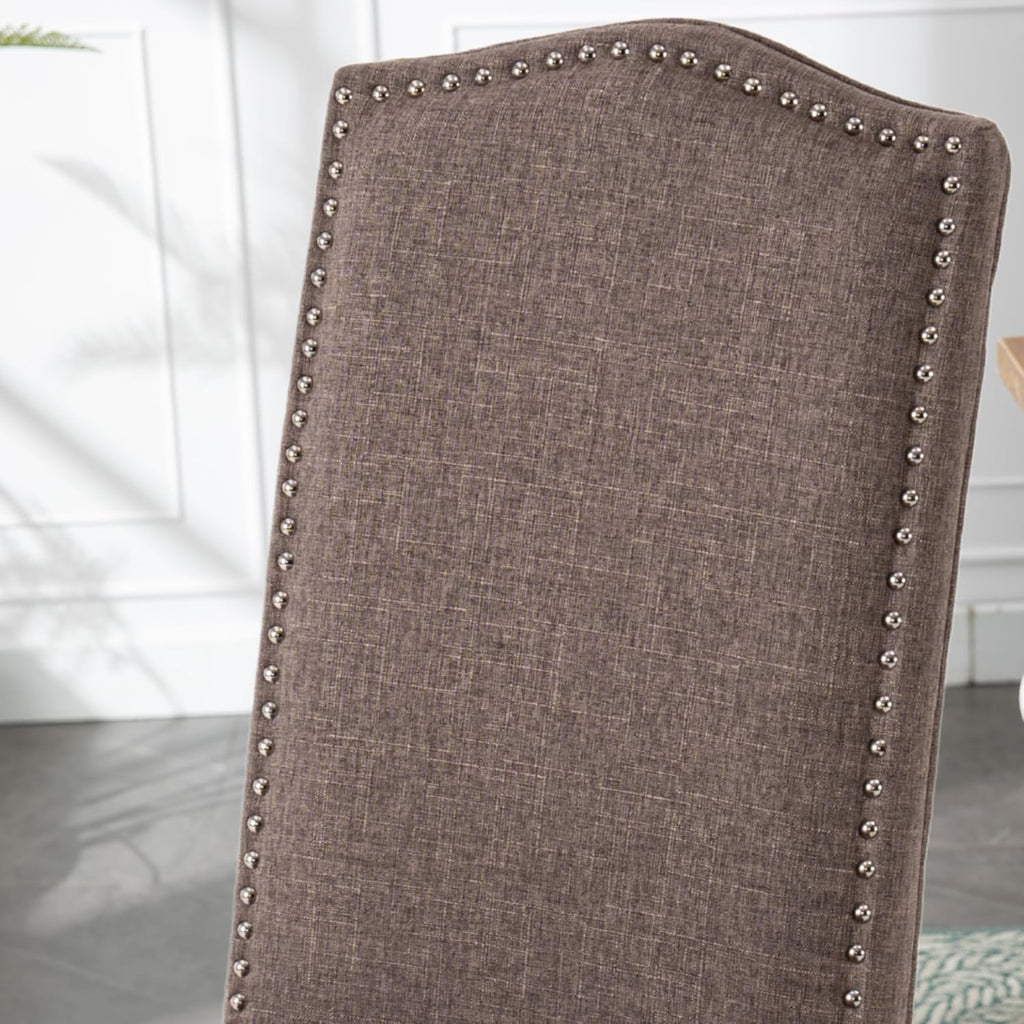 Upholstered Dining Chair Modern Stylish Parsons Kitchen Diner High Back with Silver Nailhead Trim & Wood Legs, Set of 4, Fabric Brown