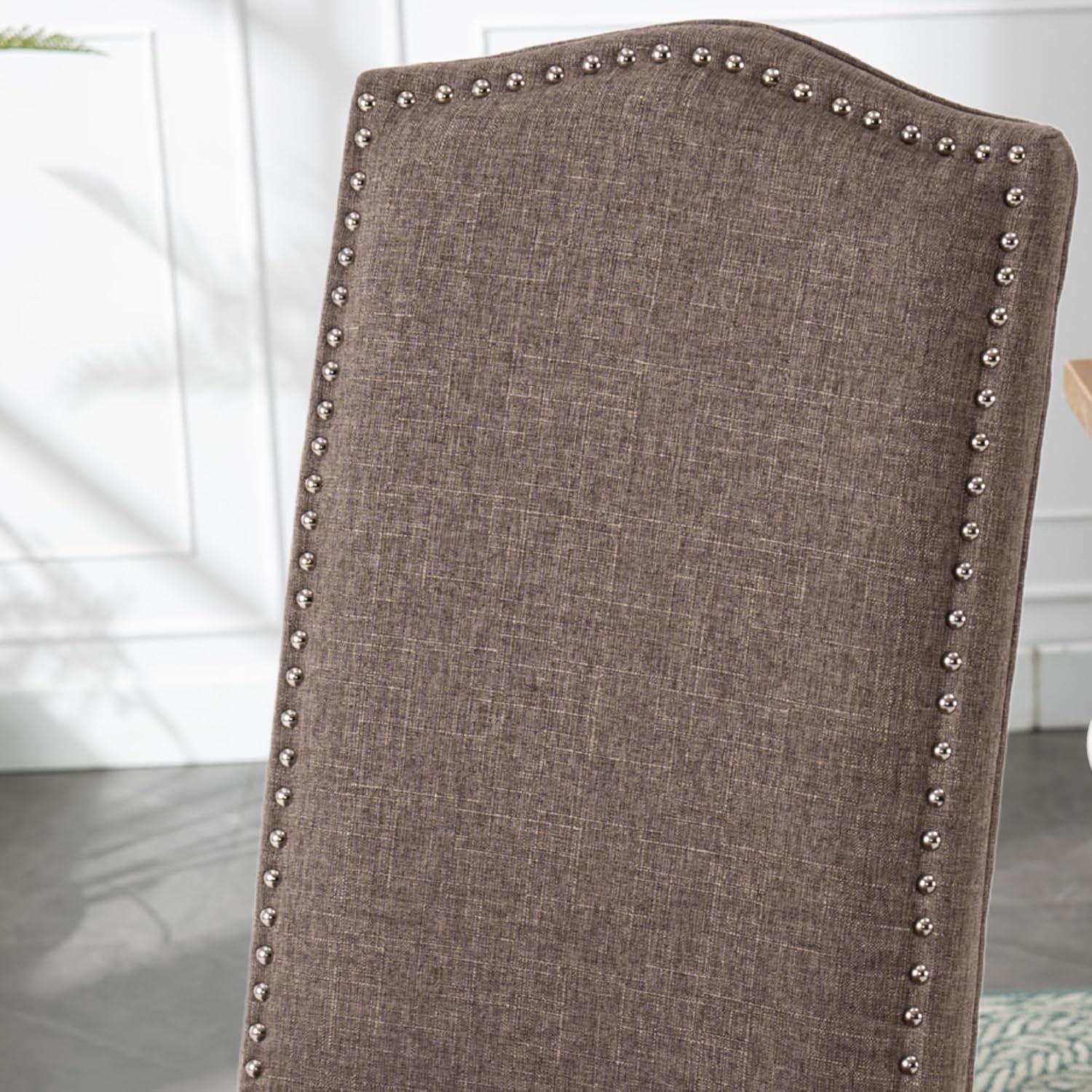 Upholstered Dining Chair Modern Stylish Parsons Kitchen Diner High Back with Silver Nailhead Trim & Wood Legs, Set of 4, Fabric Brown