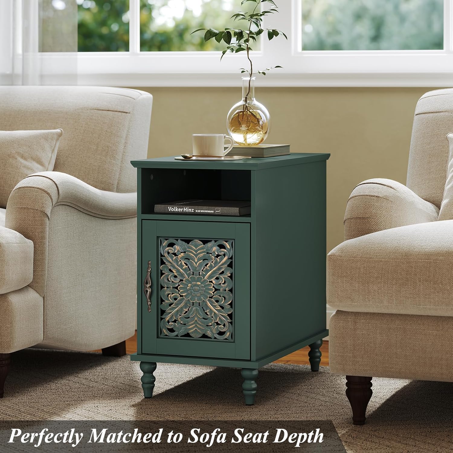 ARTPOWER Narrow Side Table with Charging Station Set of 2, Vintage Carved Door End Table with Storage for Small Spaces, Slim Bedside Table for Living Room, Bedroom, Green