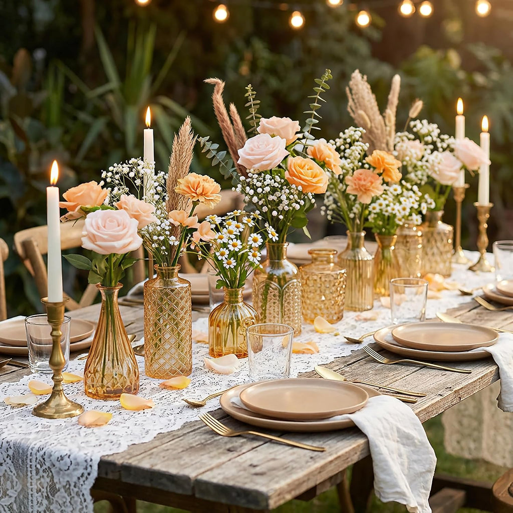 12 Pcs Clear Bud Vases Set, Small Vintage Glass Clear Bud Flower Vases Bulk Multiple Shape Cute Mini Glass Bottles Vases for Rustic Wedding Centerpieces Table Decorations and Home Decor (12, Gold)