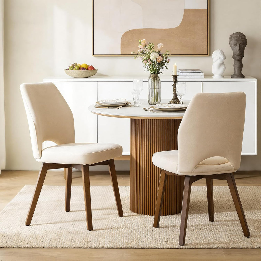 Dining Chairs Set of 2 – Modern Upholstered Kitchen Chairs (Sillas de Comedor) with Unique Cutout High Back & Wood Legs, Farmhouse Dinner Chair for Kitchen, Dining Room, or Living Room, Beige