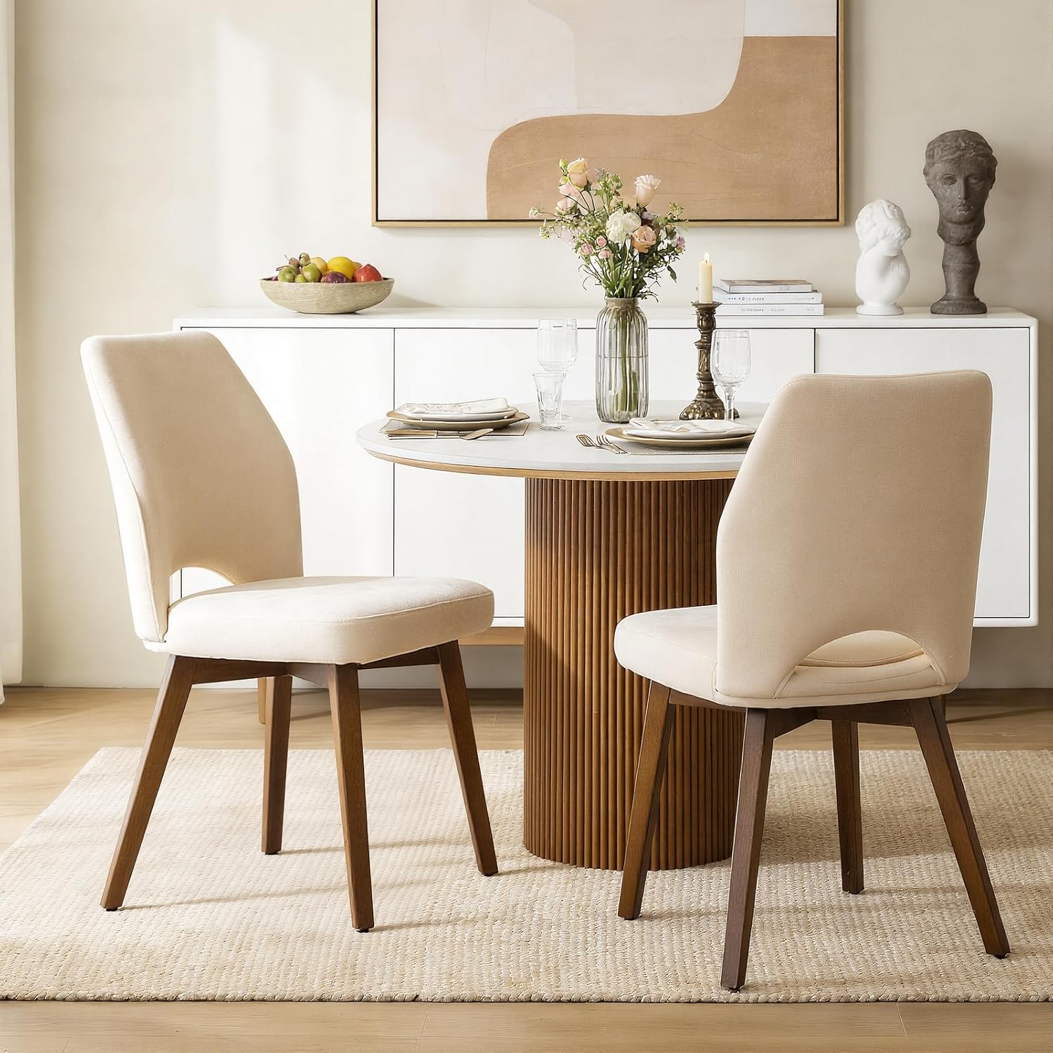Dining Chairs Set of 2 – Modern Upholstered Kitchen Chairs (Sillas de Comedor) with Unique Cutout High Back & Wood Legs, Farmhouse Dinner Chair for Kitchen, Dining Room, or Living Room, Beige