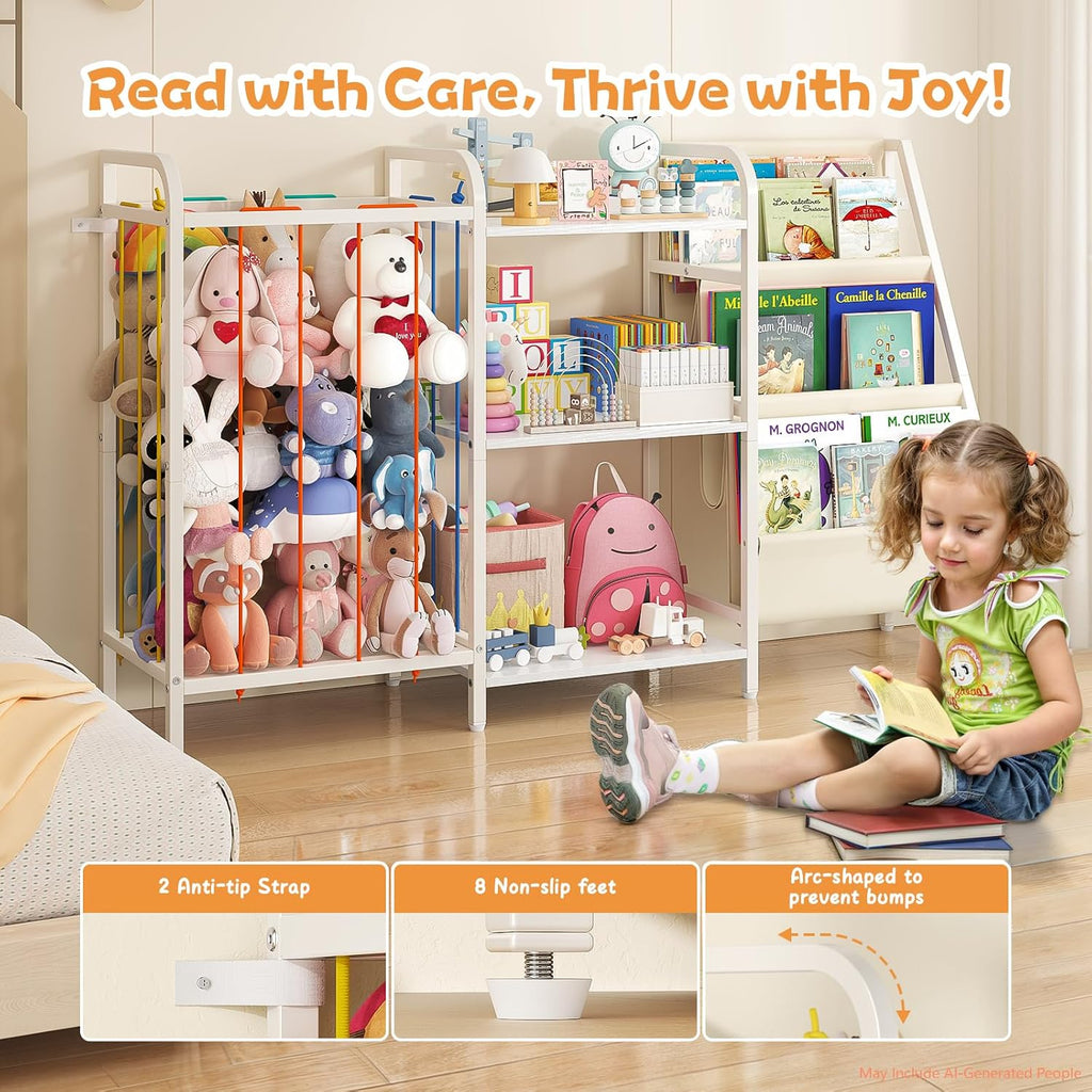 B1 Kids Bookshelf and Toy Storage, 3-Tier Book Shelf for Kids Rooms, Sling Baby Bookcase with Stuffed Animal Storage, Montessori Toddler Bookshelf for Nursery, Bedroom, Playroom, White