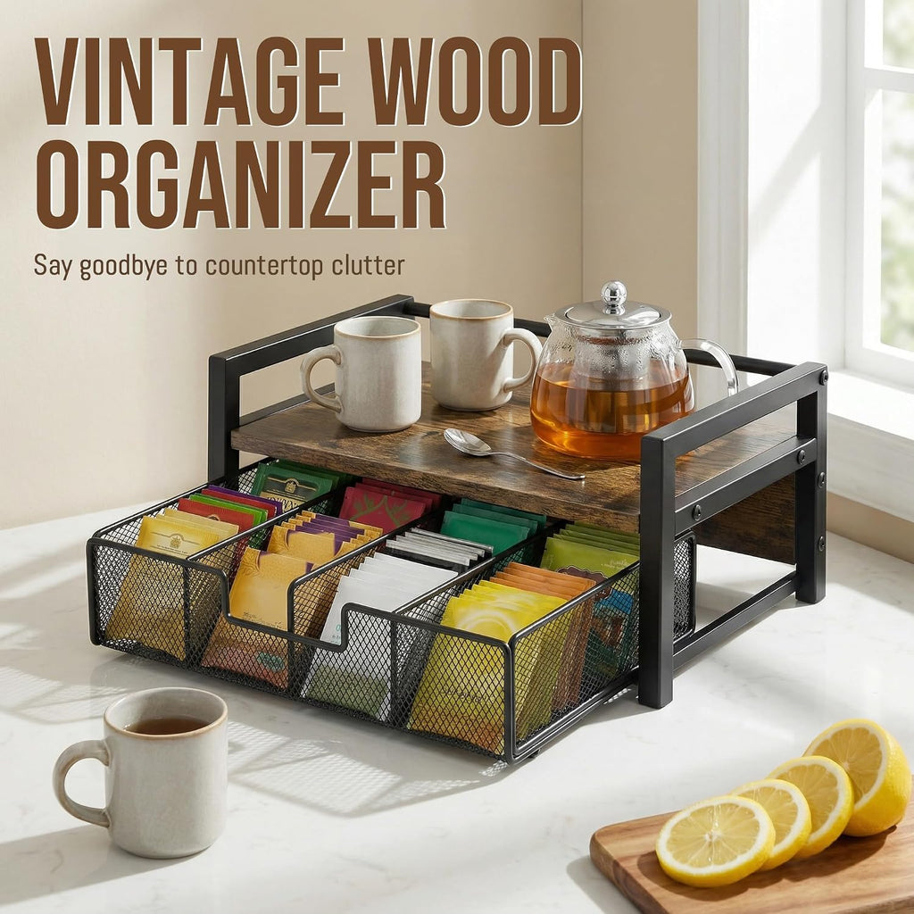 Tea Bag Organizer for Countertop, Tea Bag Storage Organizer with Drawer and Top Tray, Vintage Wood Grain Tea Organizer with Metal Frame, Tea Station Organizer for Tea Bags Coffee Sweetener Packets
