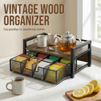 Tea Bag Organizer for Countertop, Tea Bag Storage Organizer with Drawer and Top Tray, Vintage Wood Grain Tea Organizer with Metal Frame, Tea Station Organizer for Tea Bags Coffee Sweetener Packets