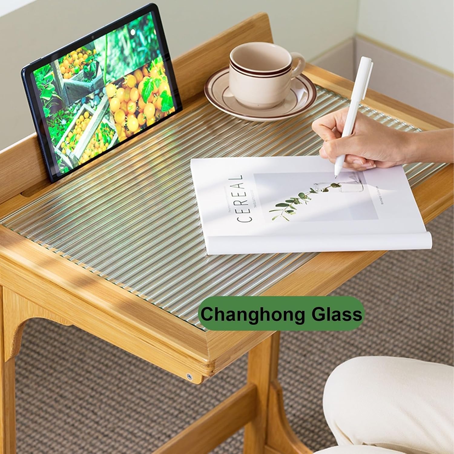 C Shaped End Table with Glass Top, Bamboo Sofa Side Table, Laptop Desk, Snack Table for Living Room and Balcony