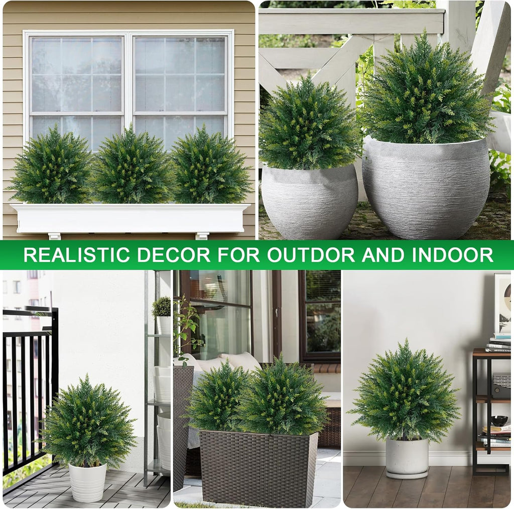 2 Pack Artificial Cedar Topiary Trees with Ground Spike, Fake Pine Shrubs Bushes, UV Resistant Faux Evergreen Cypress Tree Plants for Indoor Outdoor Planters Front Porch