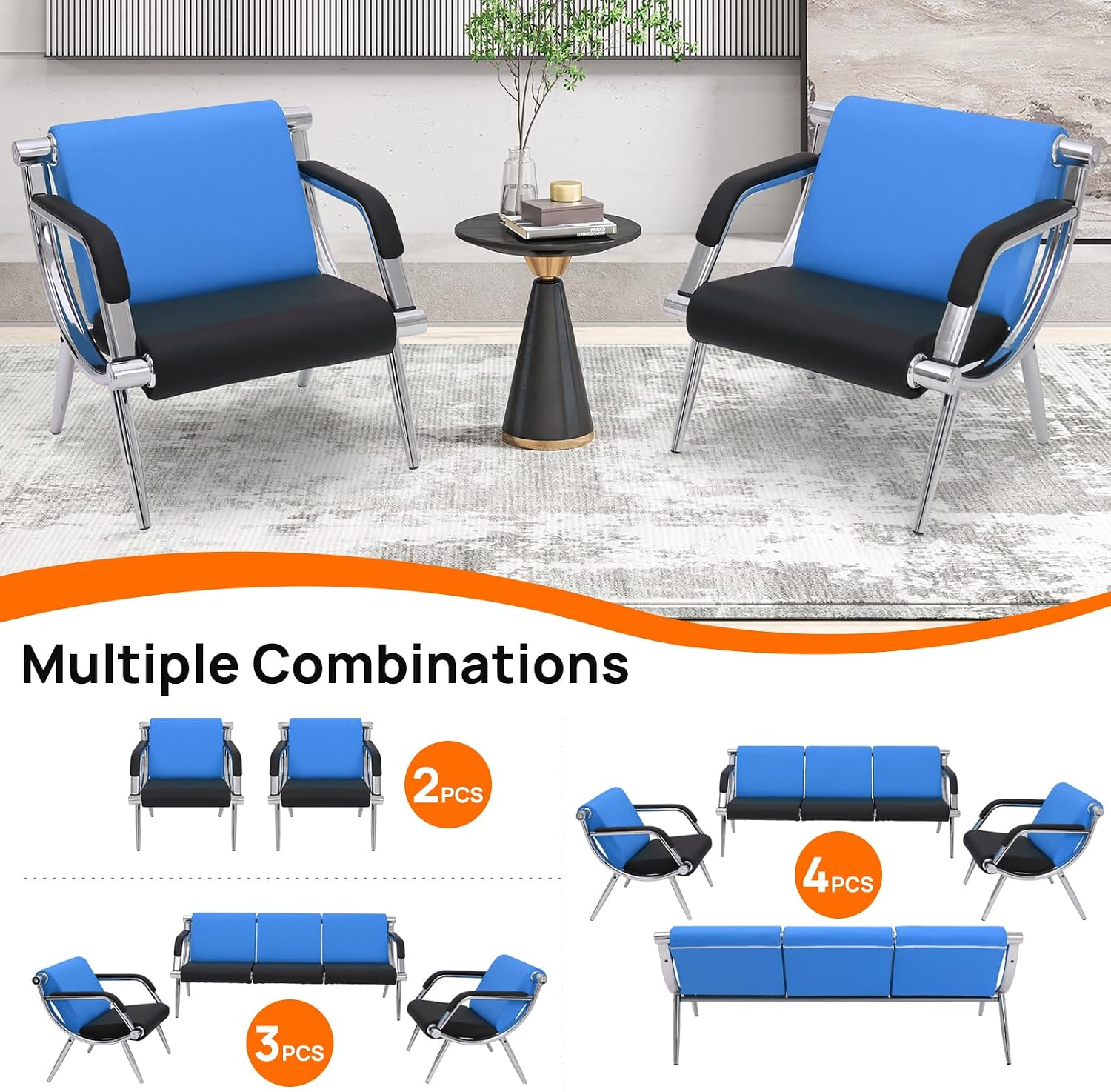 Waiting Room Chairs with Armrest, PU Leather Office Furniture, Lobby Conference Reception Chairs, Office Guest Seating for Clinic,Airport,Hospital,Barber,Salon,Bank (Blue & Black, 2-Seat)