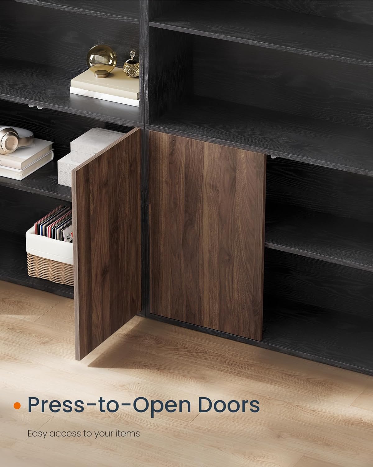 SONGMICS Home Book Shelf, Snapsemble Superfast Assembly, 6-Tier Floor Standing Bookcase with Doors and Adjustable Shelves, 70.4 Inches Tall for Bedroom Living Room, Ebony Black and Natural Walnut