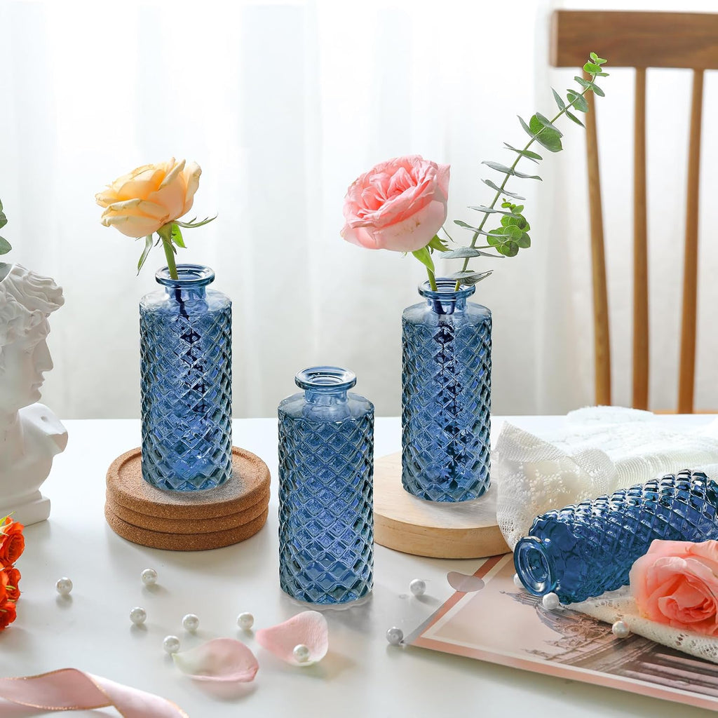 ComSaf Glass Bud Vases Set of 12, Small Diamond Bud Vases in Bulk, Mini Flowers Vases for Centerpieces, Vintage Decor Centerpiece for Table, Wedding Recepetion, Home, Housewarming Gift (Grey Blue)