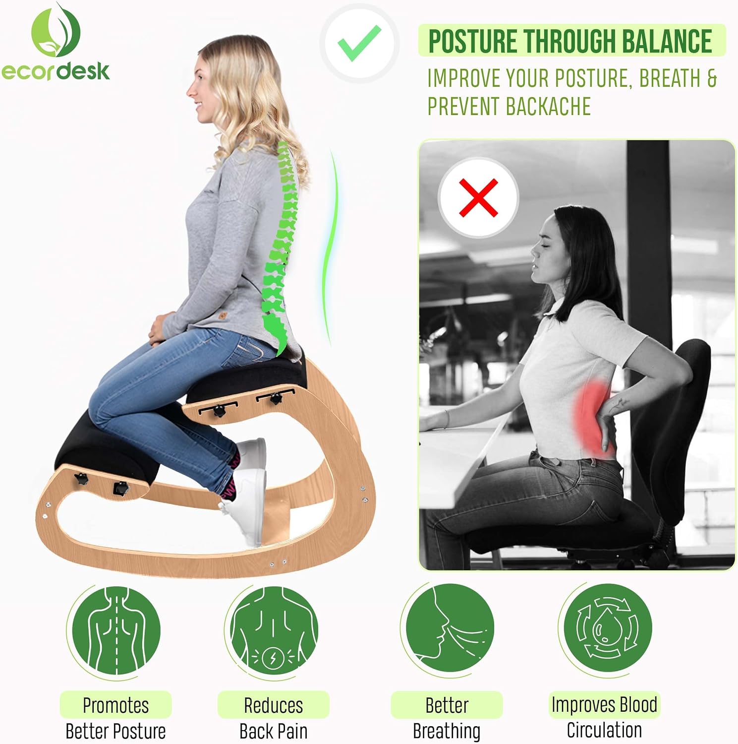 Ergonomic Kneeling Chair, Adjustable Seat - Office Chair for Desk, Posture Corrector, Premium Comfort Cushion, Wooden Rocking Knee Chair (Black)