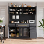 Large Pantry Cabinet with Hutch and Adjustable Shelves, Freestanding Coffee Bar Storage Cabinet with Drawers, Pegboard and Power Outlet for Kitchen, Dining Room (Black)