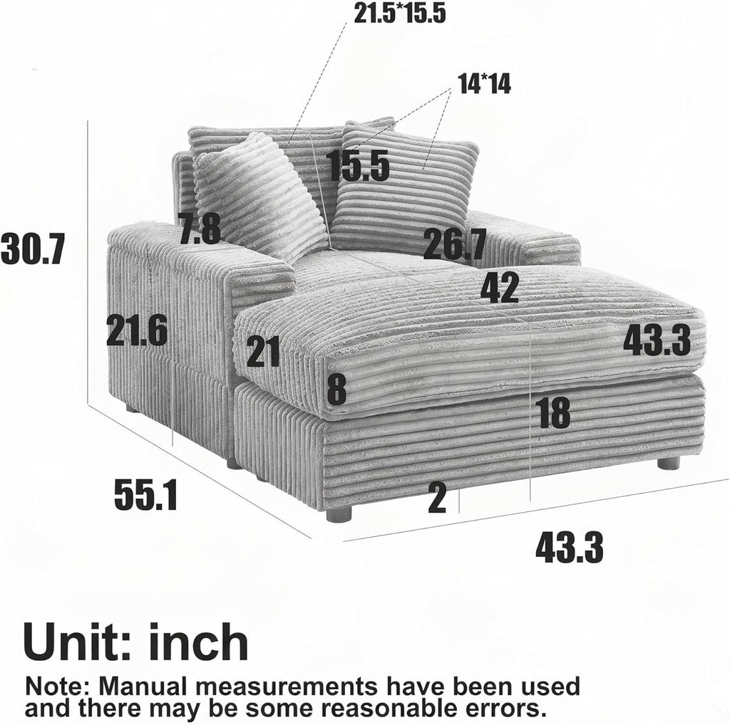 Eafurn 43.3" Oversized Accent Chaise Lounge Chair with Ottoman, Modern Corduroy Upholstered Convertible Recliner Armchair Sleeper Lounge Chair with Wood Frame for Living Room Apartment