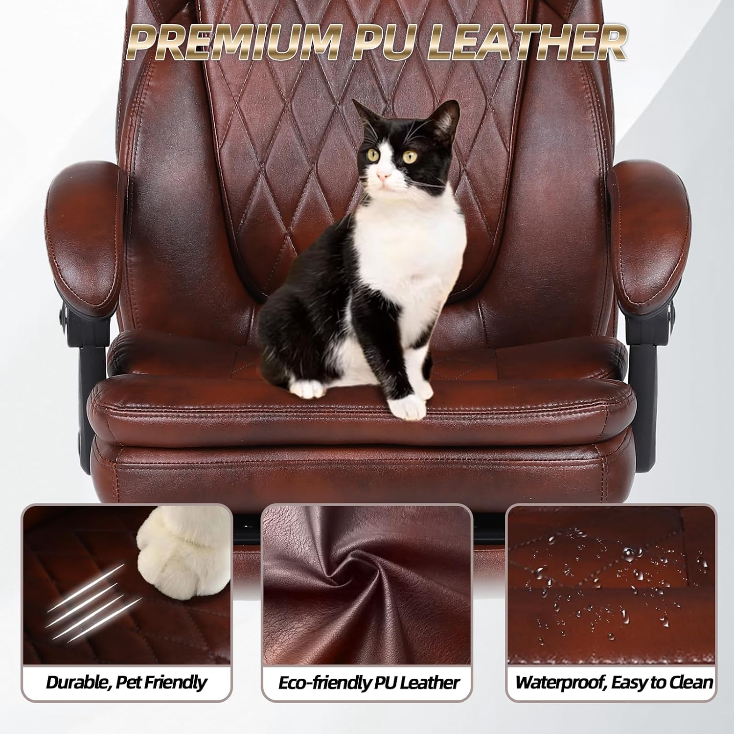 Big and Tall Office Desk Chair, Executive Office Chair with Foot Rest, PU Leather Comfy Reclining Office Chairs for Heavy People, Wide Ergonomic High-Back Computer Chairs, Brown