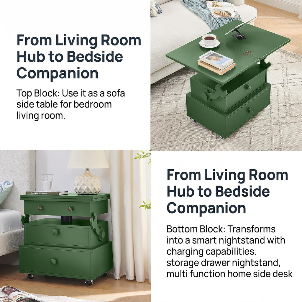 Polibi Multi-Functional Lift Top Side Table with USB Ports and AC Outlets, Height Adjustable Rolling End Table with Drawers, Flip-Top, Lockable Casters, High-Gloss for Small Spaces (Green)