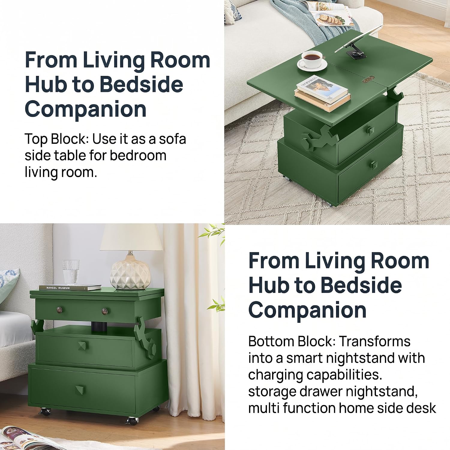 Polibi Multi-Functional Lift Top Side Table with USB Ports and AC Outlets, Height Adjustable Rolling End Table with Drawers, Flip-Top, Lockable Casters, High-Gloss for Small Spaces (Green)