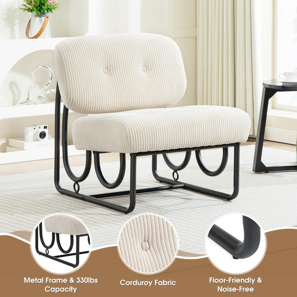 Armless Accent Chair, Beige Upholstered Chair for Bedroom, Comfy Modern Chair for Living Room, Small Space Mid Century Accent Chair, No Arm Lounge Chair