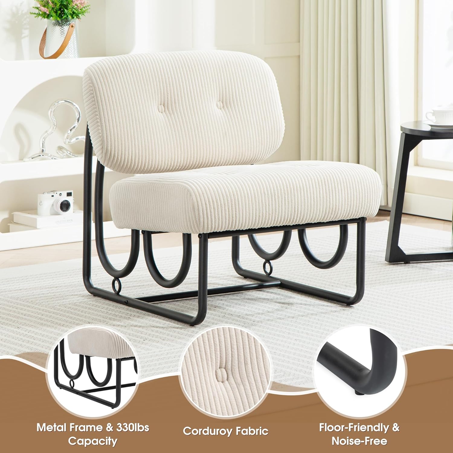 Armless Accent Chair, Beige Upholstered Chair for Bedroom, Comfy Modern Chair for Living Room, Small Space Mid Century Accent Chair, No Arm Lounge Chair
