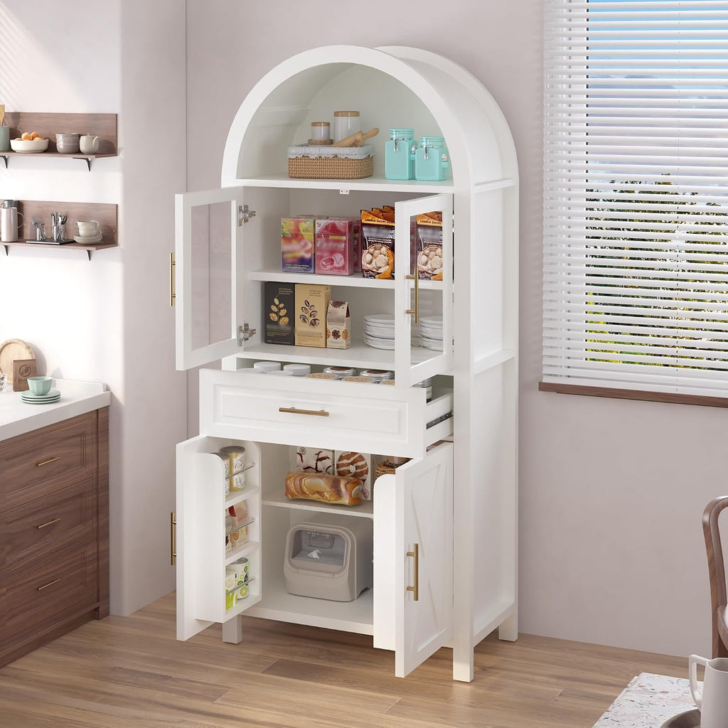 KEIKI 71" Tall Arched Kitchen Pantry Cabinet with Glass Door,Drawer,Farmhouse Storage with Adjustable Shelves Design for Kitchen,Living & Dining Room