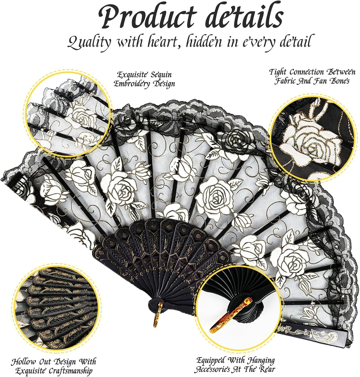 Vintage Lace Folding Hand Fan with Rose & Cross Design, Handmade Decorative Handheld Fan for Party Dance Photography Prop