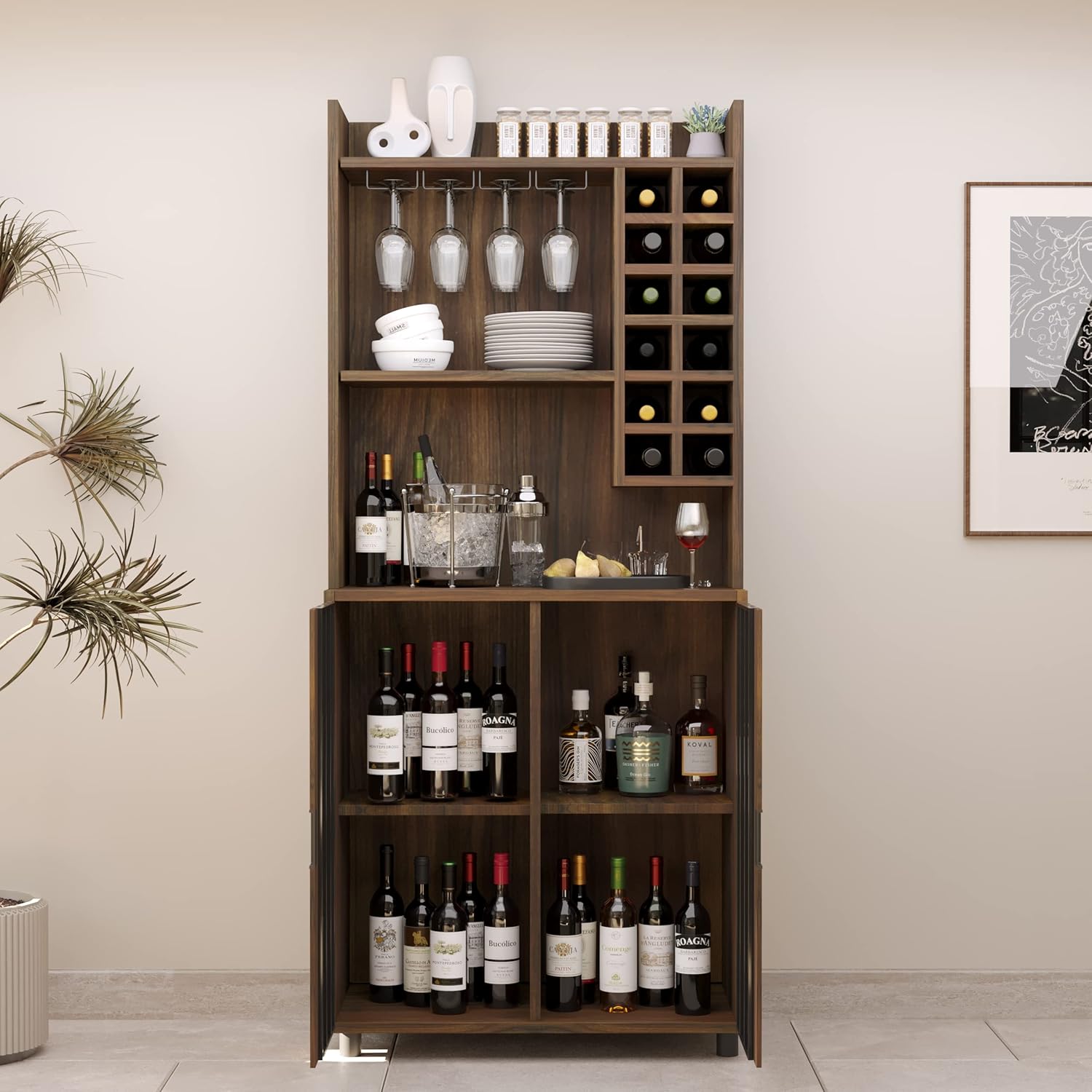 Wine Cabinet with 12 Wine Bottle Racks, 70'' Wine Bar Cabinet Bar Cabinet Tall with Storage, Modern WoodenTall Liquor Cabinet with Glass Holder for Home, Brown
