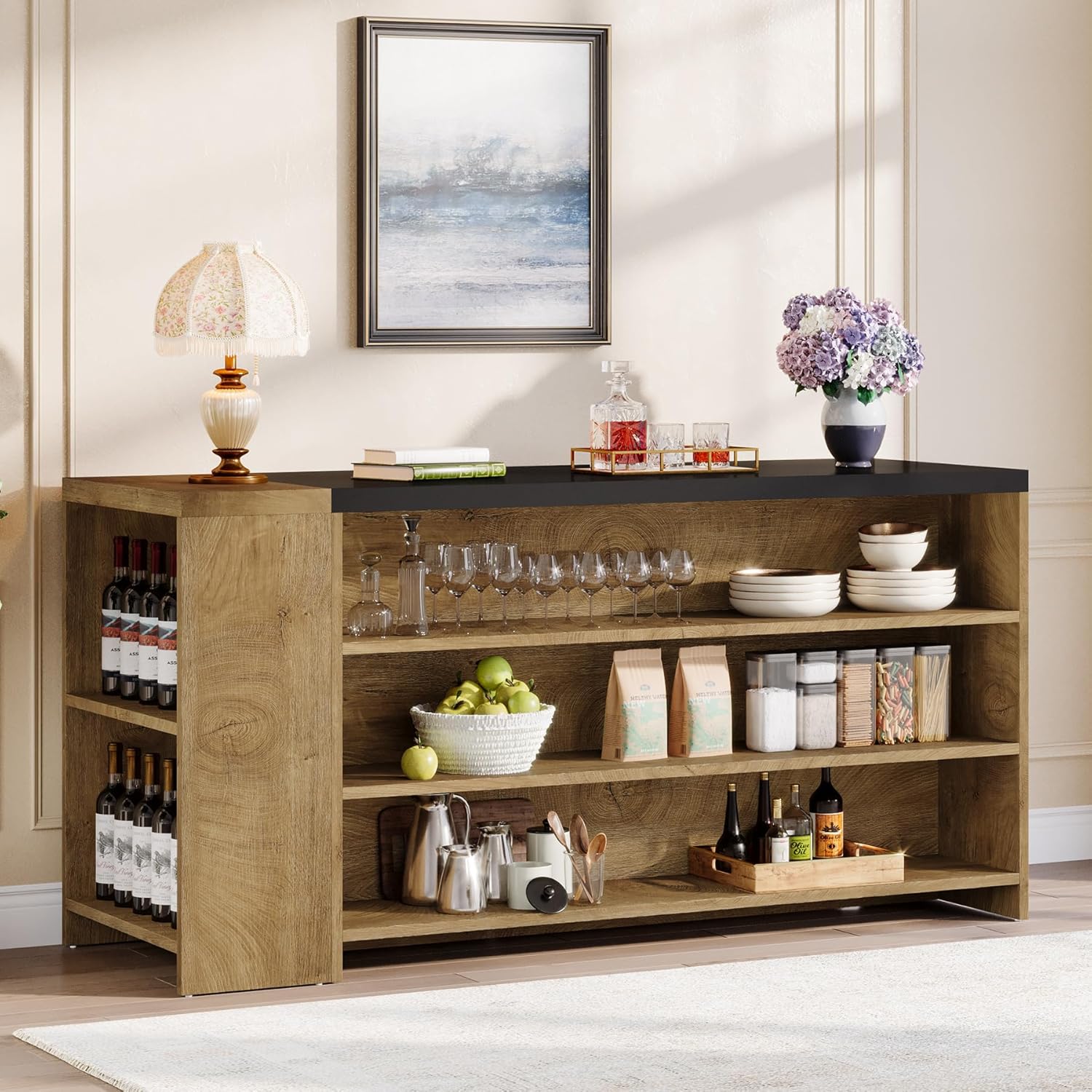 Tribesigns 55" Kitchen Island with Storage, Farmhouse 5-Tier Stationary Island Table with 5 Shelves, Wood Coffee Bar Table Storage Cabinet with Large Countertop for Kitchen, Vintage Brown
