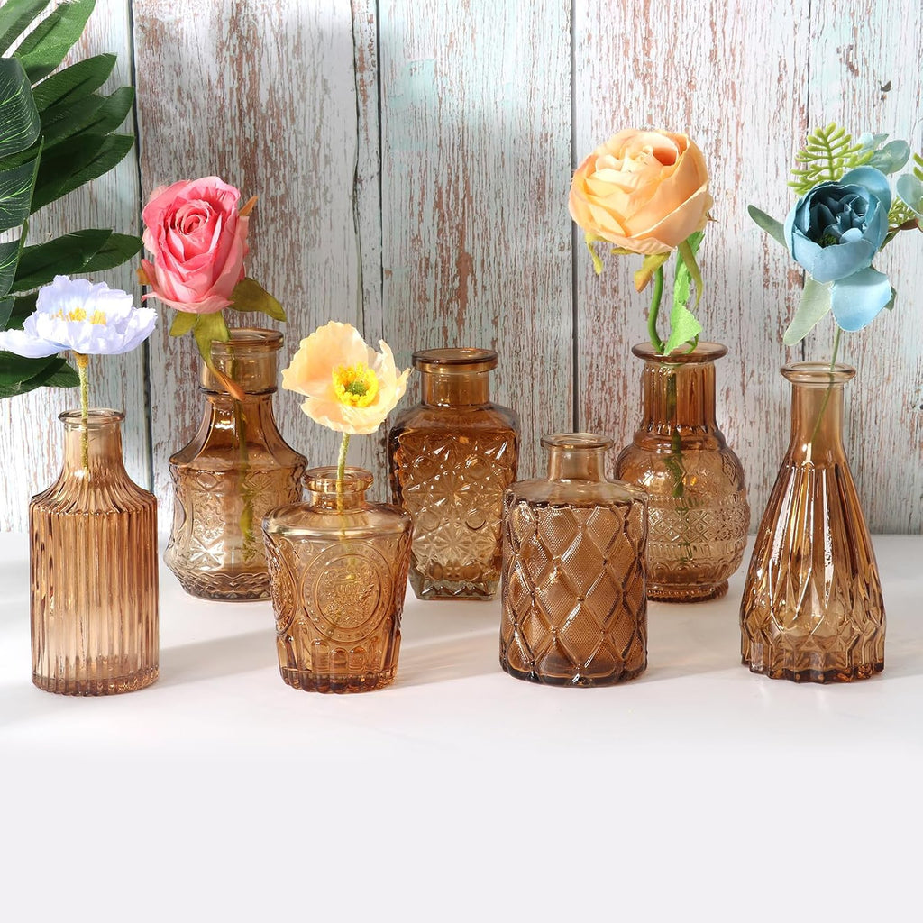 Glass Bud Vases Set of 12 - Small Amber Flower Vase for Wedding Centerpieces, Home Decor, Party Decorations