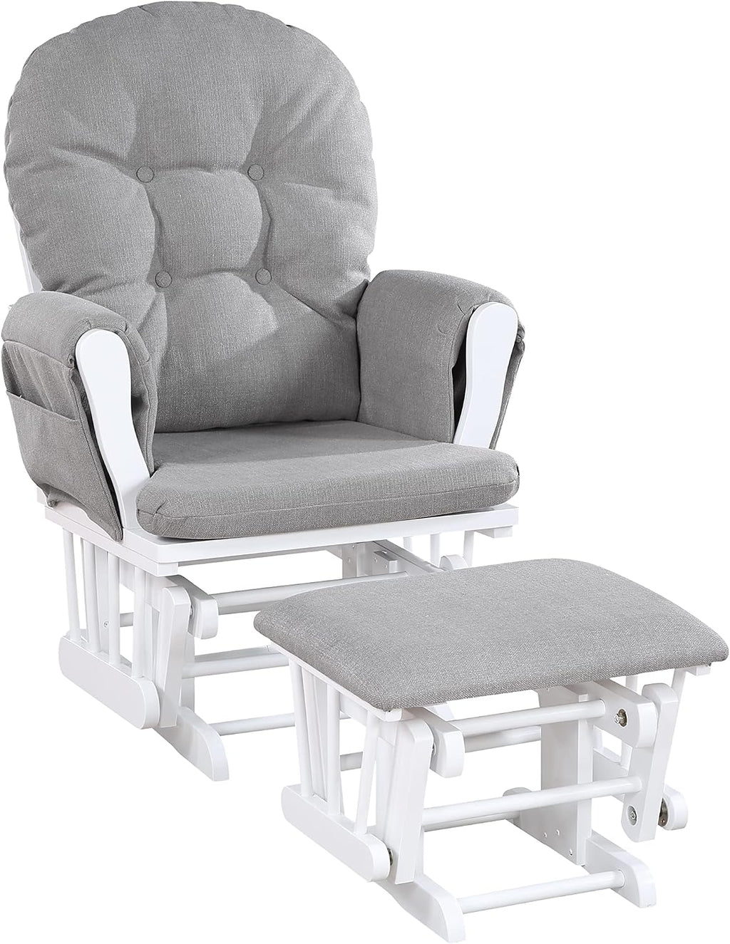 Traditional Glider and Ottoman: Gray Wood & Fabric Nursery Chair - Soft Quiet Gliding Motion with Storage Pocket - Overstuffed Button Tufted Cushion for Baby Bonding