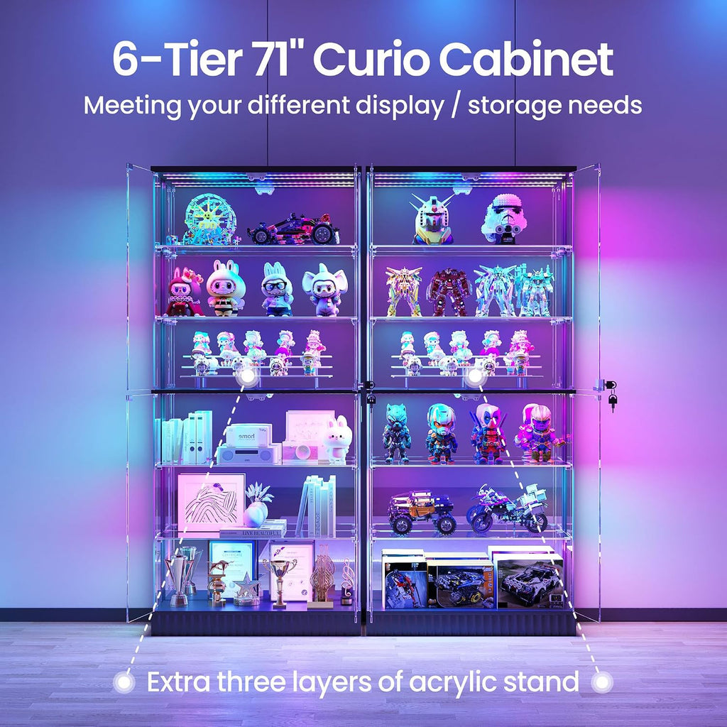 Lvifur 71" Tall Glass Display Cabinet with RGB Lights for Living Room,Black | 6-Tier Lockable Curio Cabinet with Glass Door,Display Shelves,App Control,Motion Sensor,Display Case for Collectibles/Books