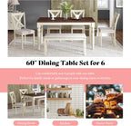 AMERLIFE 6-Piece Farmhouse Dining Table Set for 6-7, 60" Solid Wood Kitchen Table and Chairs, 1 Dining Table, 4 Upholstered Chairs and 1 Bench, Rustic Dining Room Set, Rustic White
