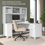 Bush Home 60-Inch Desk Hutch, Office Storage Organizer with Shelves, Cubbies and Frosted Glass Doors for Computer Desk, Home Office Furniture, Somerset Collection, White