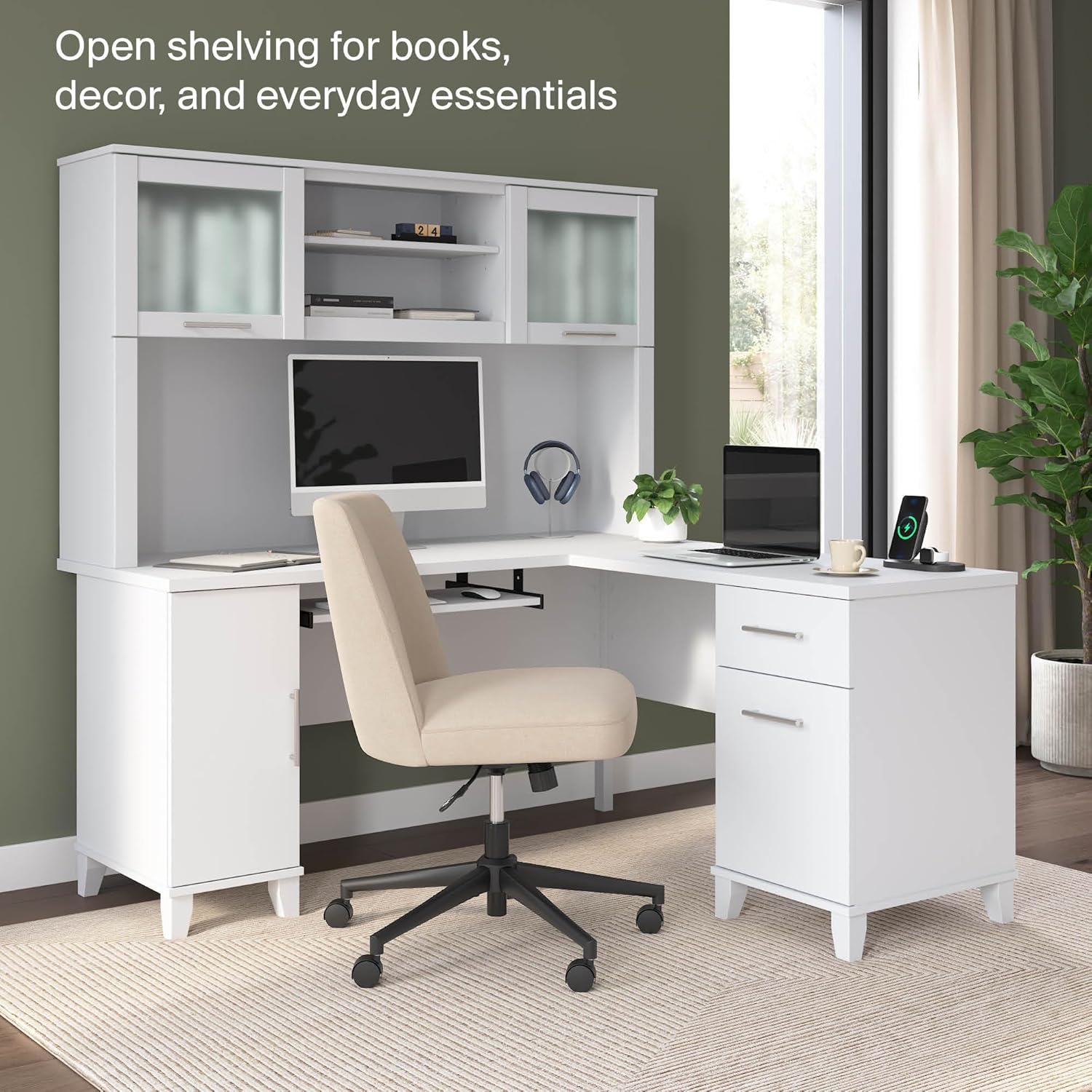Bush Home 60-Inch Desk Hutch, Office Storage Organizer with Shelves, Cubbies and Frosted Glass Doors for Computer Desk, Home Office Furniture, Somerset Collection, White