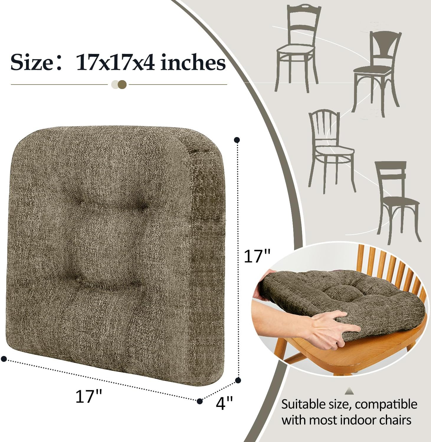 downluxe Chair Cushions for Dining Chairs 4 Pack, Tufted Indoor Chair Pads with Non-Slip Bottom, U-Shaped Kitchen Chair Cushions, 17"x17"x4", Coffee